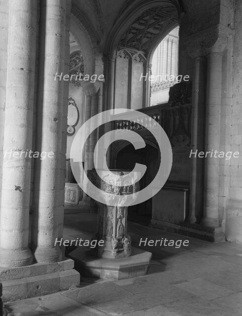 Stone font in St Luke's Chapel, Norwich Cathedral, Norfolk, c1955. Creator: Arthur Charles Kirby Ware.