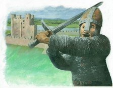 A Norman soldier attacking with a 'hand-and-a-half', a two-handed broadsword, 1990s. Artist: Ivan Lapper.