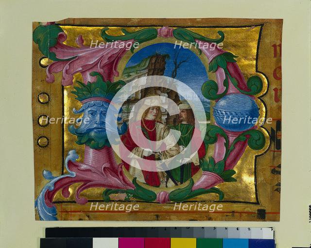 Historiated Initial (D) Excised from a Choir Book: Two Martyr Saints, c. 1500-1510. Creator: Girolamo dai Libri (Italian, 1474-1555), circle of.