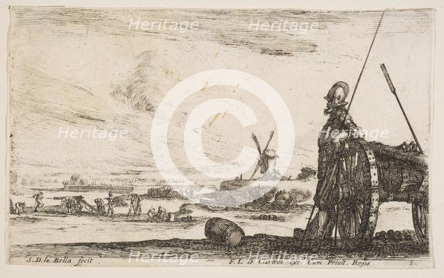 Plate 5: A Pikeman standing at right next to a cannon, other military figures..., ca. 1641. Creator: Stefano della Bella.