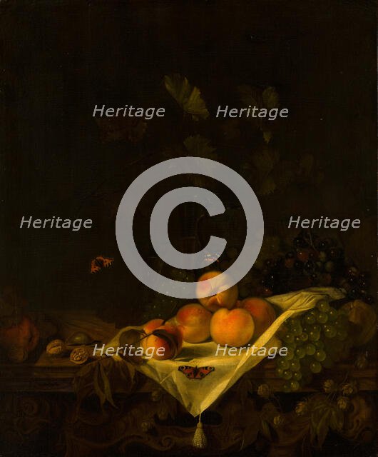 Still Life with Peaches and Grapes, 1680. Creator: Abraham Pietersz van Kalraet.