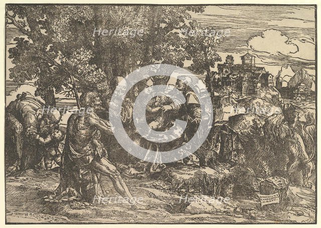 Mary seated beneath trees with baby, flanked by Joseph at left and St. Jerome at right; St..., 1517. Creator: Domenico Campagnola.