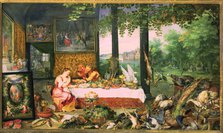 The Taste', represented by a nymph eating at a table stocked with various delicacies while a saty…