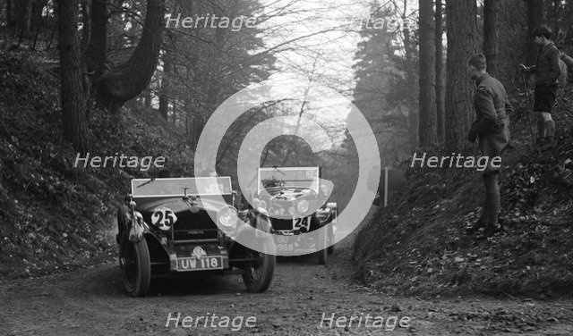 SD Marr's Tracta open sports and R Peaty's Singer open 4-seater at the JCC Half-Day Trial, 1930. Artist: Bill Brunell.