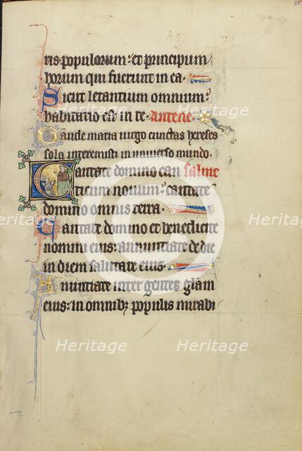 Initial C: A Monk, possibly Franciscan, Preaching from a Pulpit; Ruskin Hours, about 1300. Creator: Unknown.
