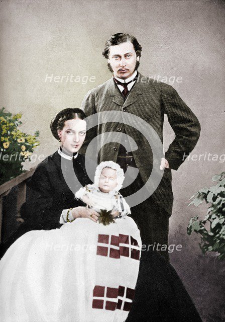 The Prince and Princess of Wales with the infant Prince Albert Victor, 1864 (1910). Creator: Vernon Heath.