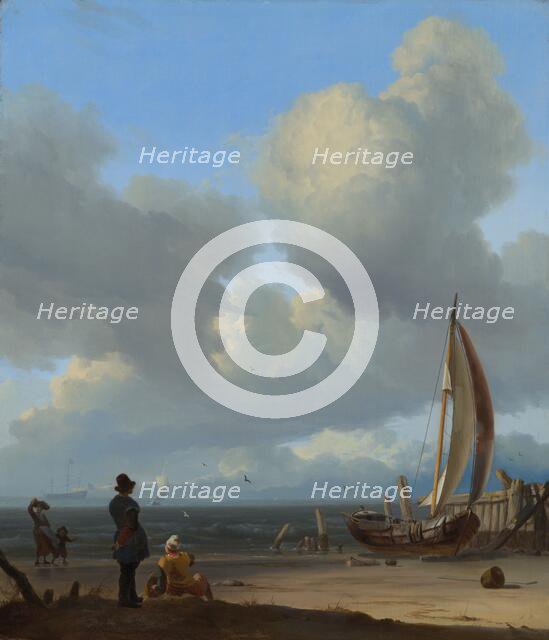 An extensive seascape with figures by a boat on a shore, 1667. Creator: Ludolf Bakhuizen.