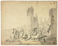 Harborside Scene with Various Figures, n.d. Creators: Hendrik Verschuring, Thomas Wyck, Nicolaes Berchem.