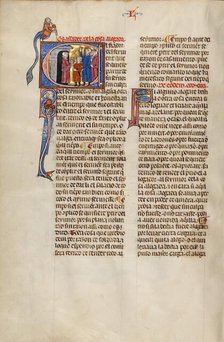 Initial E: Three Men and a Boy Meeting Another Man in his Doorway; Vidal Mayor, about 1290-1310. Creator: Unknown.