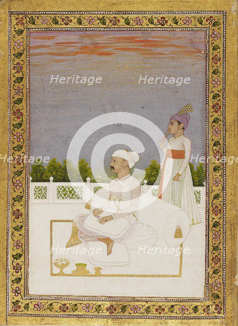 Nobleman, possibly Mir Qasim, seated on a terrace with attendant, 18th century. Artist: Nidhama.