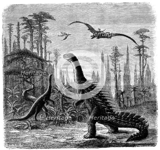 Ideal Jurassic landscape in America, 1884. Artist: Othniel Charles Marsh