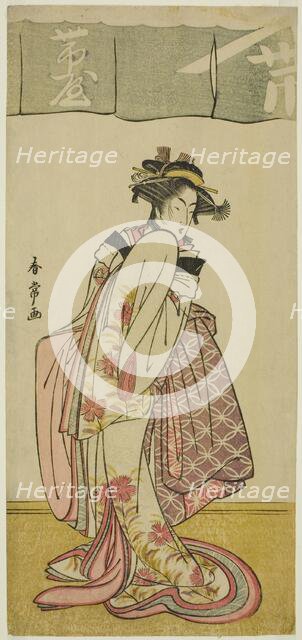 The Actor Segawa Kikunojo III as Shinanoya Ohan in the Play Kabuki no Hana Bandai..., c. 1781. Creator: Katsukawa Shunjo.