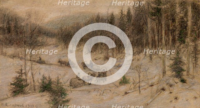 Siberian Road in Winter. A String of Carts Going from "Rasseia" to the Krasnoyarsk Region, 1904. Creator: Boris Vasilievich Smirnov.