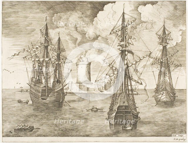 Four-Master and Two Three-Masters Anchored near a Fortified Island with a Lighthouse...pub. 1665. Creator: Frans Huys.