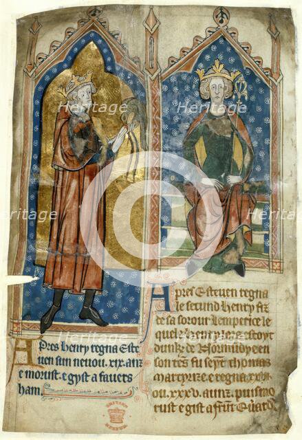King Stephen standing with a falcon, and King Henry II seated on his throne, c1280-1300.  Creator: Unknown.