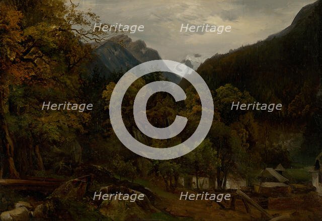 Mountain landscape with wooden huts, c1860. Creator: Alexander Brodszky.