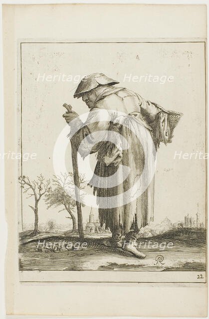 Marching Beggar Woman with a Basket, from T is al verwart-gaern (It's already..., 1634/38. Creator: Pieter Jansz. Quast.