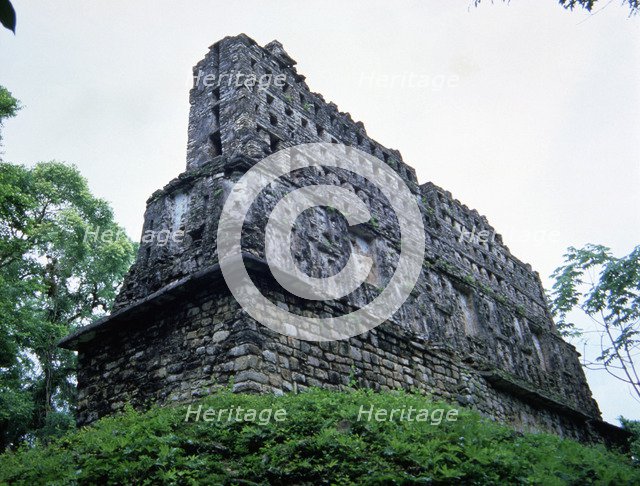 Back view of the temple number 33, known as 'Temple of the bird and the jaguar' in the Mayan ruin…