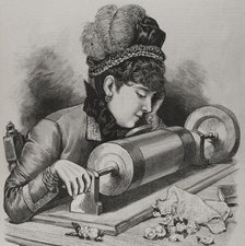 A "prima donna" singing by using Edison's phonograph receiver, 1878. Creator: Unknown.