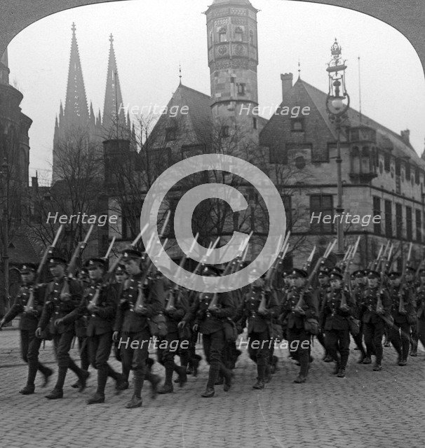 British troops marching in Cologne, Germany, 1918-1926.Artist: Realistic Travels Publishers