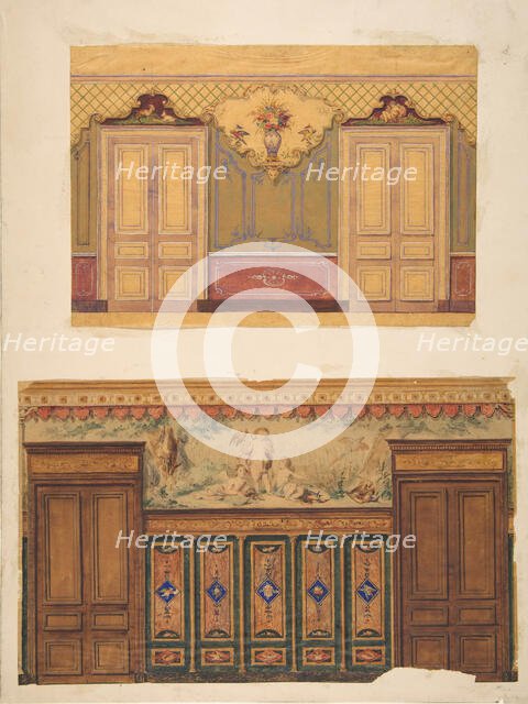 Two Designs for the decoration of walls pierced by pairs of double doors, 1830-97. Creators: Jules-Edmond-Charles Lachaise, Eugène-Pierre Gourdet.