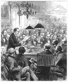 Heinrich Schliemann lecturing in London, 1877. Artist: Unknown