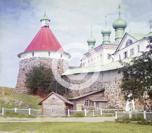 Corner tower of the Trinity Cathedral in the Solovetsky Monastery, Solovetski Islands, 1915. Creator: Sergey Mikhaylovich Prokudin-Gorsky.