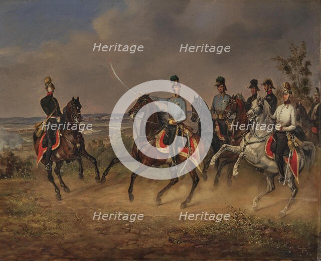 Archduke Albrecht of Austria, Duke of Teschen (1817-1895) with his officers during maneuvers, 1845. Creator: Ebersberg, Carl Martin (1818-1880).