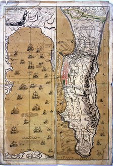 Colored drawing of the bay and the territory of Gibraltar during the naval battle that Spain and …