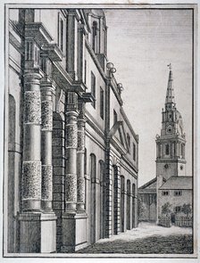 Part of the King's Mews with the church of St Martin-in-the-Fields, Westminster, London, c1750.      Artist: Anon