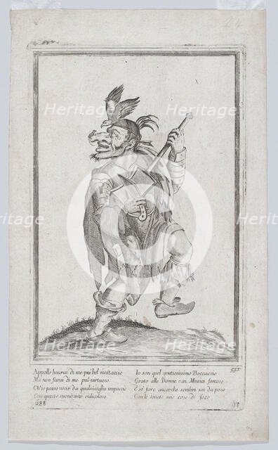 A caricature figure representing a street musician(?) with a mouse (lizard?) on his..., ca. 1640-60. Creator: Anon.