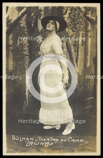 A prisoner of war acting in an internment camp in Dülmen, performing in drag, wear..., [1910-1919?]. Creator: Unknown.