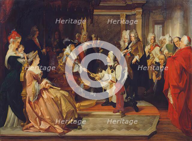 Emperor Charles VI presents Prince Eugene with the sword of honor after the Battle of Belgrade, 1865 Creator: August Mantler.