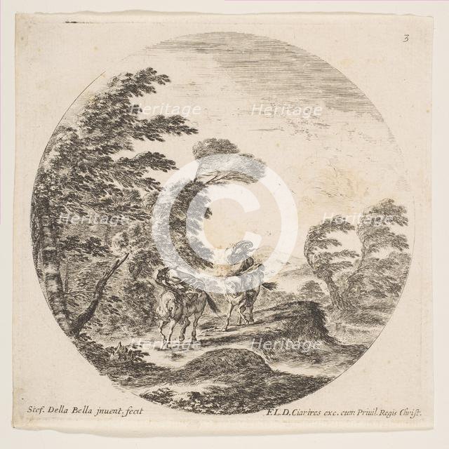 Plate 3: a gale in the forest, two horsemen wrapped in their cloaks, with the wind blo..., ca. 1646. Creator: Stefano della Bella.