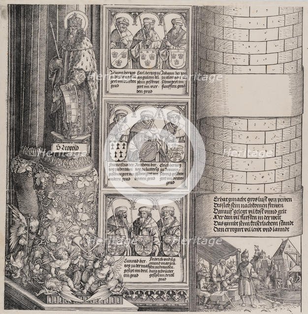 Maximilian as Architect; with a Statue of St. Leopold; and Busts of Maximilian's Ance..., 1517/1518. Creator: Hieronymus Andreae.