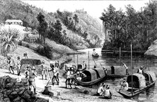 The Lushai Expedition: officers checking stores after crossing a river, 1890. Creator: Unknown.