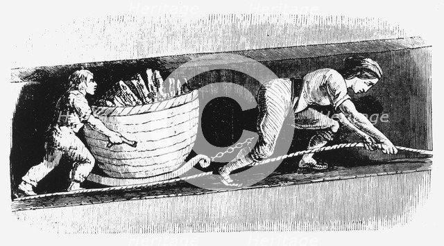 Woman and boy drawing a corve containing 3-4 cwt of coal, Bolton, Lancashire, 1848. Artist: Unknown