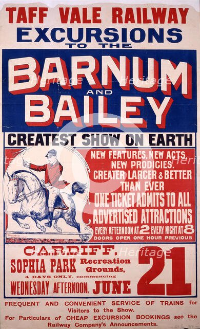 Taff Vale Railway poster advertising the visit of Barnum and Bailey's circus to Cardiff, 1899. Creators: Central Office of Information, Unknown.