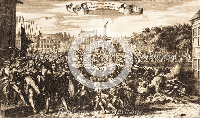 Scene of the crowd murdering Cornelis and Johan de Witt, The Hague, 20 August 1672, 1675. Creator: Anonymous.