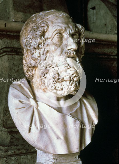 Homer (c. 850 a.C.), Greek epic poet, bust, Roman copy.