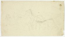 Horses with Groom (recto); Sketches of Peasant with Basket (verso), n.d. (recto); 1789/1843 (verso). Creator: William Henry Pyne.