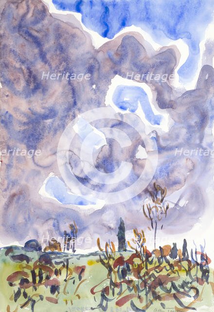 Watercolor no. 31, Landscape with Clouds, ca. 1930. Creator: Allen Tucker.
