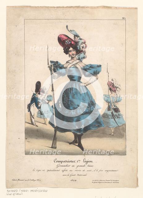 Fantasy uniform and armament for female grenadier, 1831. Creator: E. Morisseau.