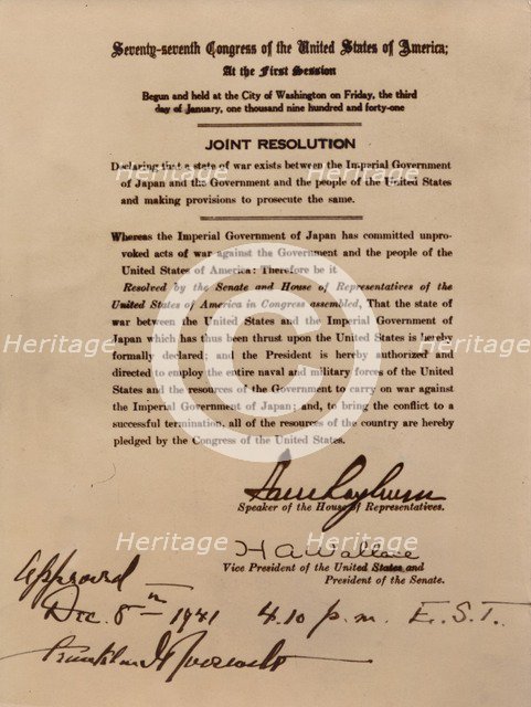 Declaration of war by the United States against Japan, 8 December 1941. Artist: Unknown