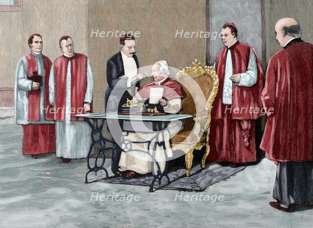 Leo XIII directs a phonograph message to the American Catholic people...jubilee, 1892.  Creator: Rico.