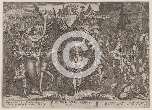 Plate 17: David Returning in Triumph with the Head of Goliath, from 'The Batt..., ca. 1590-ca. 1610. Creator: Antonio Tempesta.