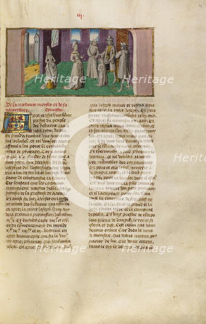 Moses before Pharaoh and Thermutis; Miroir Historial, about 1475. Creator: Unknown.