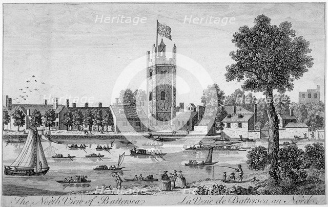 North view of St Mary's Church, Battersea from across the Thames, London, 1760.                      Artist: Anon