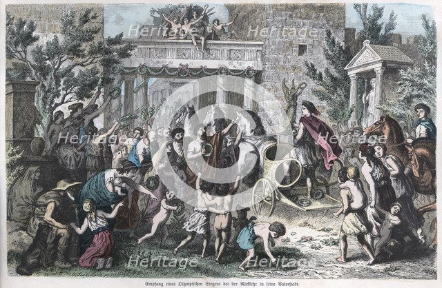 Ancient History. Greece. Reception and homage to a winner in his hometown. German engraving, 1880.