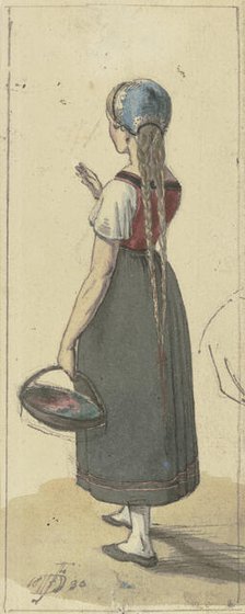 A girl with long braids and a basket, seen from behind, 1830. Creator: Jakob Dielmann.